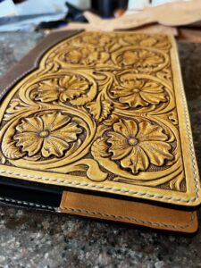 Handcrafted Leather Notebook with Floral Carving on the front